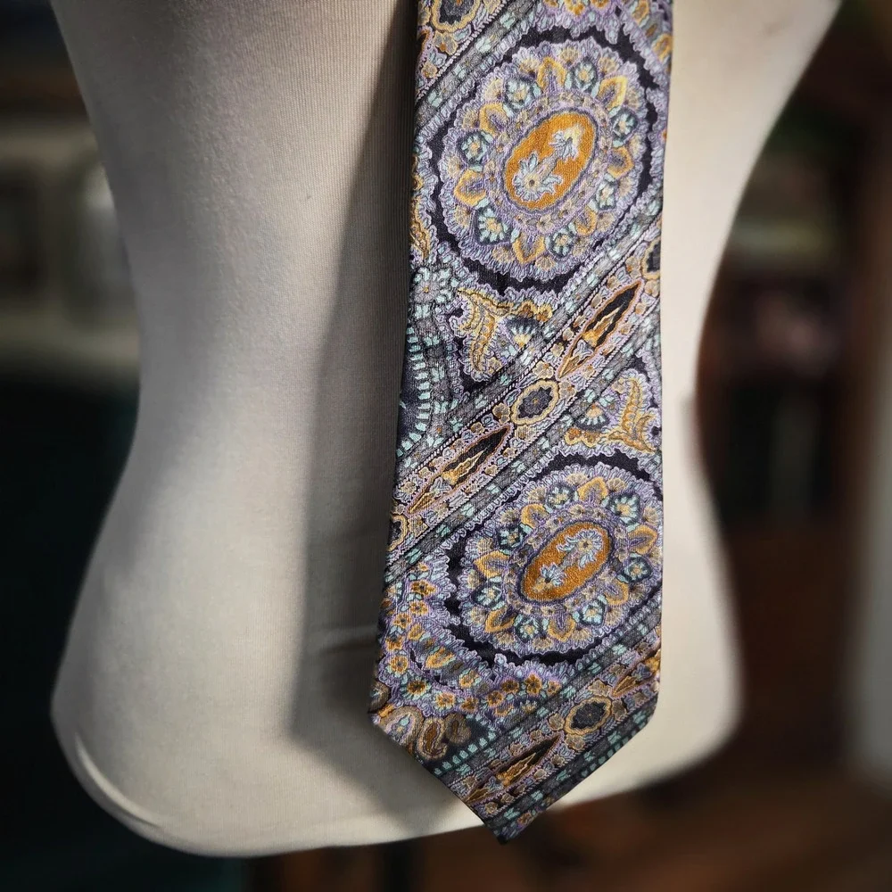 Lanvin Paris Silk Tie Vintage 90s Mens Paisley Medallion Purple Gold Designer